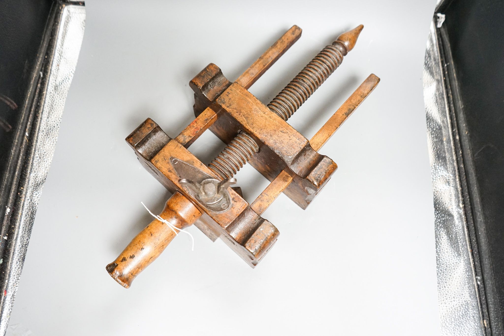 A 19th century beech weaver’s clamp, stamped Baron and Hogarth, 56cm
